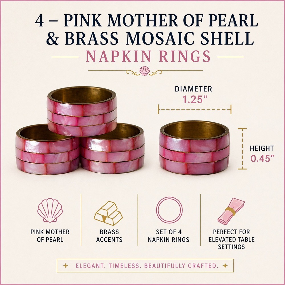 Vintage Pink Mother of Pearl Napkin Rings Brass Mosaic Shell Set of 4 Rose Red